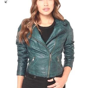 Black Swan Heart Light Teal Vegan Leather Moto Jacket